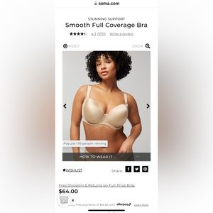 Soma stunning support smooth full coverage 38G bra. Never worn. NWOT